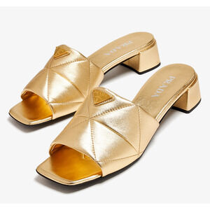 Prada Quilted Leather Diagram Gold Platino Logo Slide Sandal Block Heel 41.5